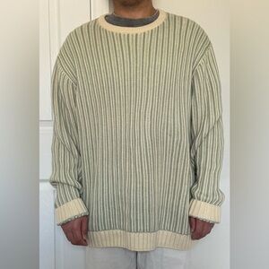 Zara Men's Cream and Green Striped Crewneck Sweater